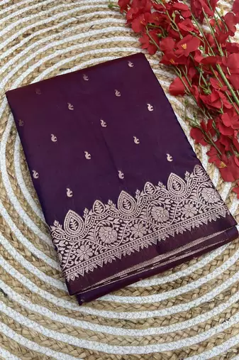 Wine soft banarasi silk blend saree with self weaving design zari weaving pallu and blouse