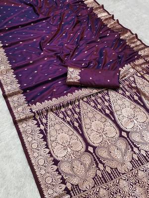 Wine soft banarasi silk blend saree with self weaving design zari weaving pallu and blouse 3