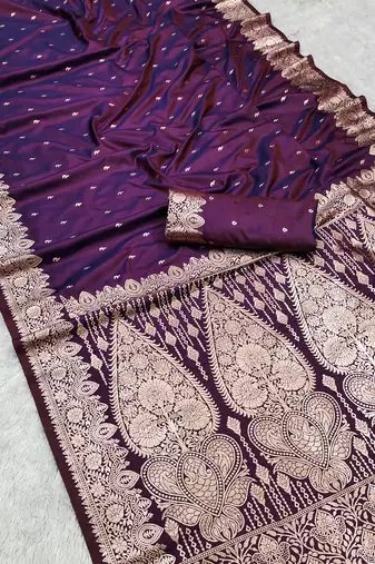 Wine soft banarasi silk blend saree with self weaving design zari weaving pallu and blouse