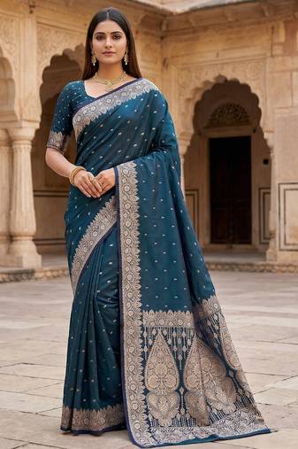 Blue  soft banarasi silk blend saree with self weaving design zari weaving pallu and blouse