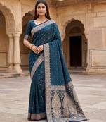 Blue  soft banarasi silk blend saree with self weaving design zari weaving pallu and blouse