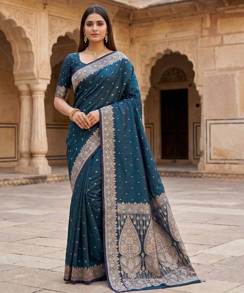 Blue  soft banarasi silk blend saree with self weaving design zari weaving pallu and blouse