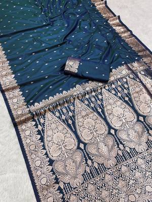 Blue  soft banarasi silk blend saree with self weaving design zari weaving pallu and blouse 2