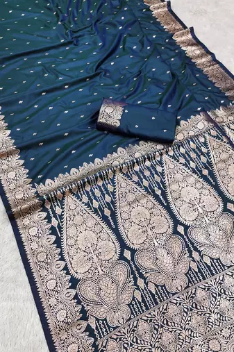 Blue  soft banarasi silk blend saree with self weaving design zari weaving pallu and blouse