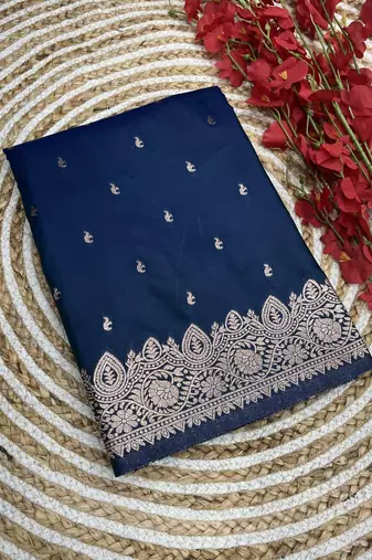 Blue  soft banarasi silk blend saree with self weaving design zari weaving pallu and blouse