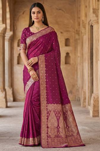 Pink soft banarasi silk blend  saree with self weaving design zari weaving pallu and blouse