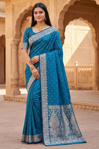 Teal  soft banarasi silk blend  saree with self weaving design zari weaving pallu and blouse