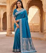 Teal  soft banarasi silk blend  saree with self weaving design zari weaving pallu and blouse