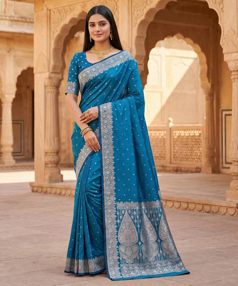 Teal  soft banarasi silk blend  saree with self weaving design zari weaving pallu and blouse
