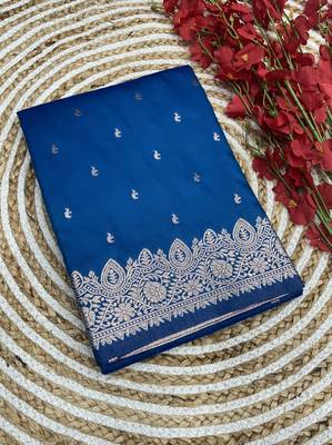 Teal  soft banarasi silk blend  saree with self weaving design zari weaving pallu and blouse 2