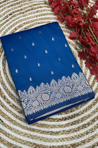Teal  soft banarasi silk blend  saree with self weaving design zari weaving pallu and blouse