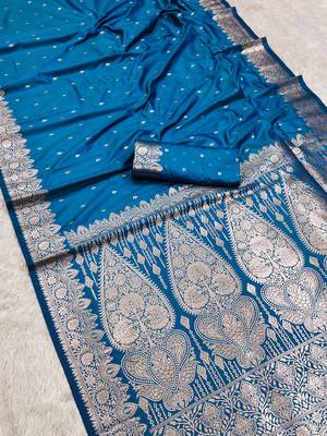 Teal  soft banarasi silk blend  saree with self weaving design zari weaving pallu and blouse 3