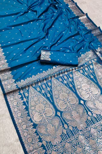 Teal  soft banarasi silk blend  saree with self weaving design zari weaving pallu and blouse