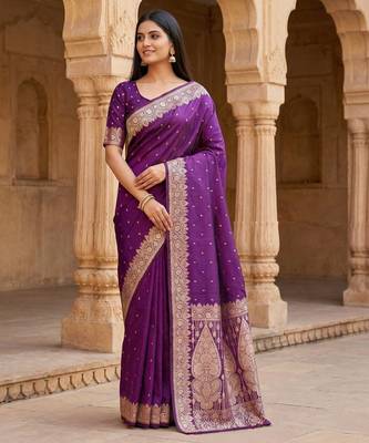 Purple soft banarasi silk blend  saree with self weaving design zari weaving pallu and blouse 1