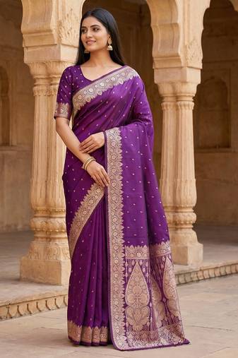 Purple soft banarasi silk blend  saree with self weaving design zari weaving pallu and blouse