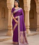 Purple soft banarasi silk blend  saree with self weaving design zari weaving pallu and blouse