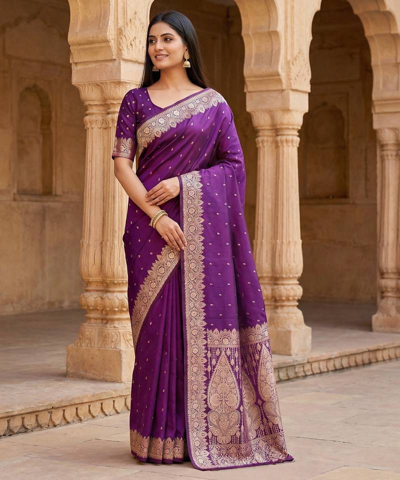 Purple soft banarasi silk blend  saree with self weaving design zari weaving pallu and blouse