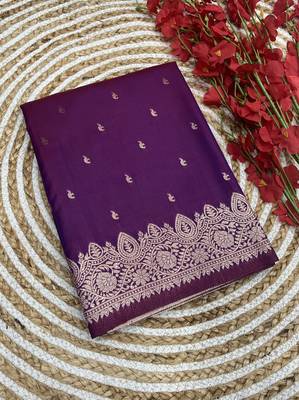 Purple soft banarasi silk blend  saree with self weaving design zari weaving pallu and blouse 2