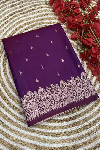 Purple soft banarasi silk blend  saree with self weaving design zari weaving pallu and blouse