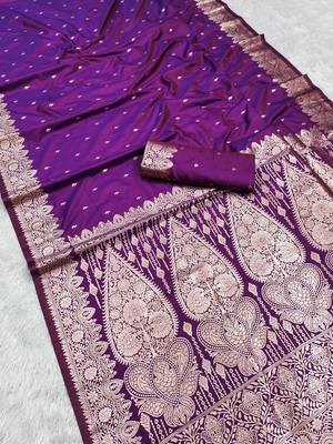 Purple soft banarasi silk blend  saree with self weaving design zari weaving pallu and blouse 3