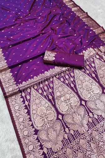 Purple soft banarasi silk blend  saree with self weaving design zari weaving pallu and blouse