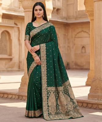 Green soft banarasi silk blend  saree with self weaving design zari weaving pallu and blouse 1