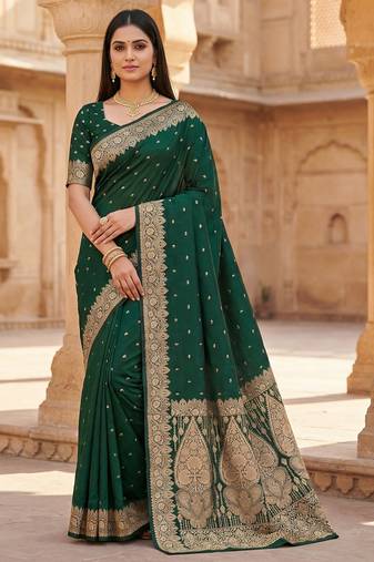 Green soft banarasi silk blend  saree with self weaving design zari weaving pallu and blouse