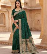 Green soft banarasi silk blend  saree with self weaving design zari weaving pallu and blouse