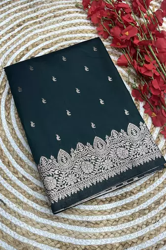 Green soft banarasi silk blend  saree with self weaving design zari weaving pallu and blouse