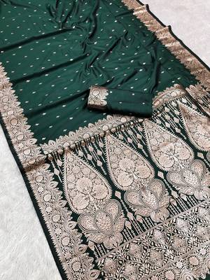 Green soft banarasi silk blend  saree with self weaving design zari weaving pallu and blouse 3
