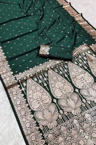 Green soft banarasi silk blend  saree with self weaving design zari weaving pallu and blouse