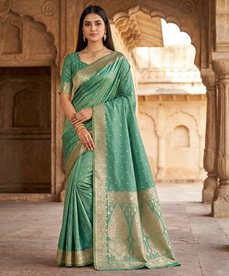 Light green  soft banarasi silk blend  saree with self weaving design zari weaving pallu and blouse 1