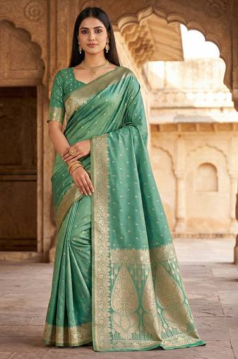 Light green  soft banarasi silk blend  saree with self weaving design zari weaving pallu and blouse