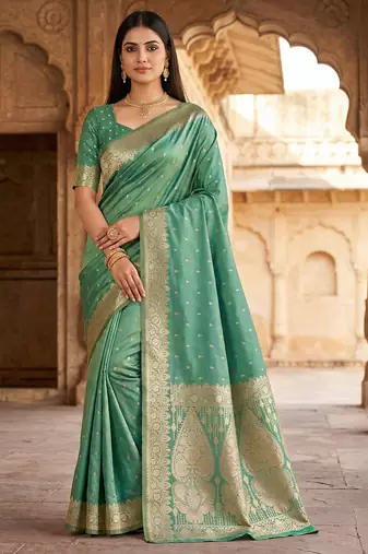 Light green  soft banarasi silk blend  saree with self weaving design zari weaving pallu and blouse