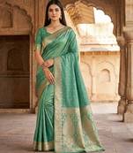 Light green  soft banarasi silk blend  saree with self weaving design zari weaving pallu and blouse