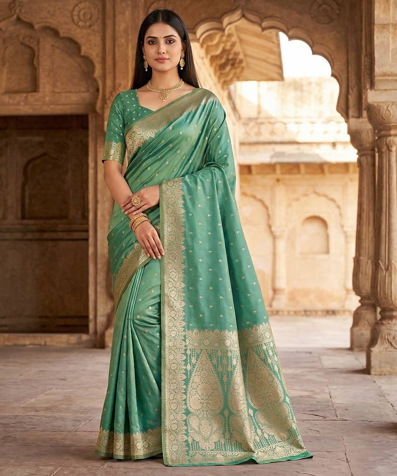 Light green  soft banarasi silk blend  saree with self weaving design zari weaving pallu and blouse