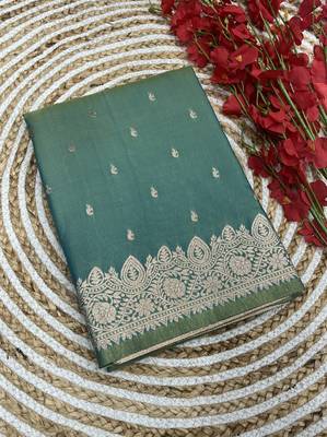 Light green  soft banarasi silk blend  saree with self weaving design zari weaving pallu and blouse 2