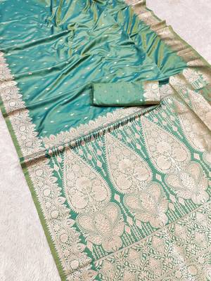 Light green  soft banarasi silk blend  saree with self weaving design zari weaving pallu and blouse 3