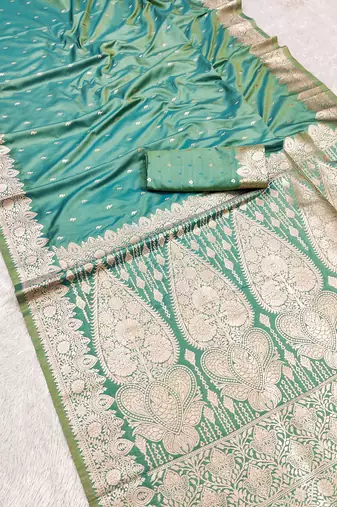 Light green  soft banarasi silk blend  saree with self weaving design zari weaving pallu and blouse