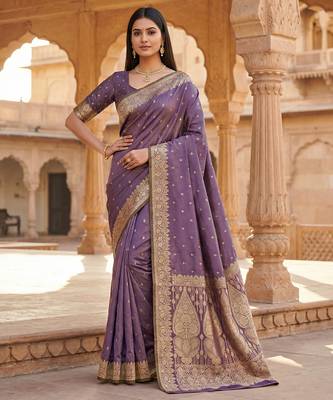 Lavender soft banarasi silk blend  saree with self weaving design zari weaving pallu and blouse 1