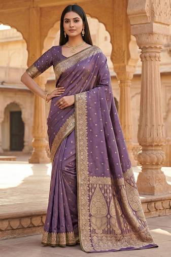 Lavender soft banarasi silk blend  saree with self weaving design zari weaving pallu and blouse