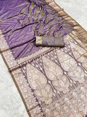 Lavender soft banarasi silk blend  saree with self weaving design zari weaving pallu and blouse 2