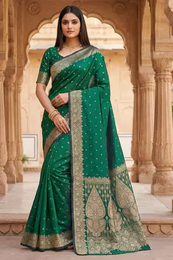 Sea green soft banarasi silk blend  saree with self weaving design zari weaving pallu and blouse