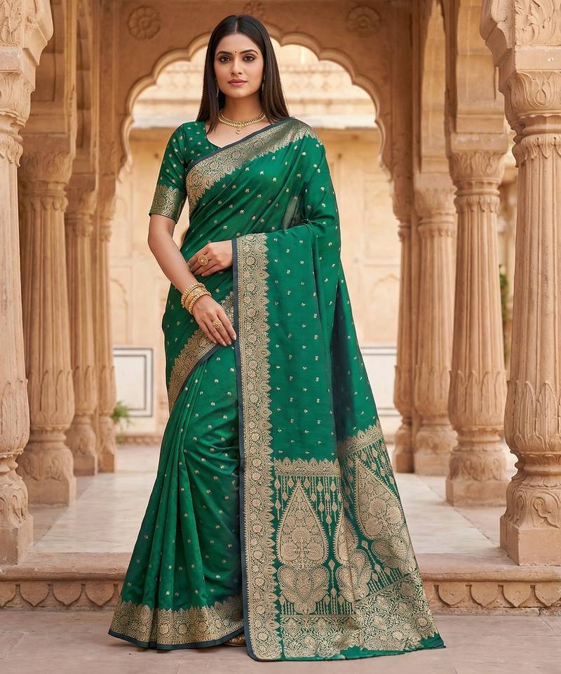 Sea green soft banarasi silk blend  saree with self weaving design zari weaving pallu and blouse