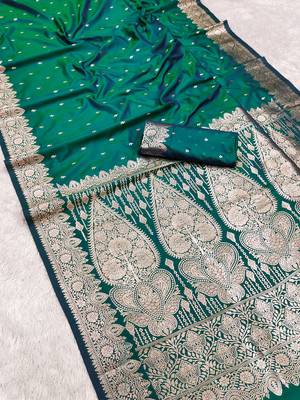 Sea green soft banarasi silk blend  saree with self weaving design zari weaving pallu and blouse 3