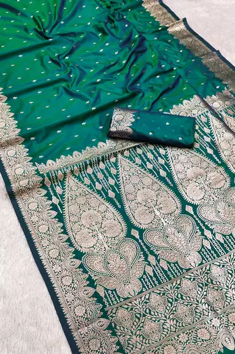 Sea green soft banarasi silk blend  saree with self weaving design zari weaving pallu and blouse
