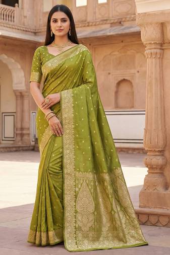 Parrot green soft banarasi silk blend  saree with self weaving design zari weaving pallu and blouse
