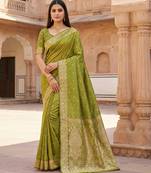 Parrot green soft banarasi silk blend  saree with self weaving design zari weaving pallu and blouse