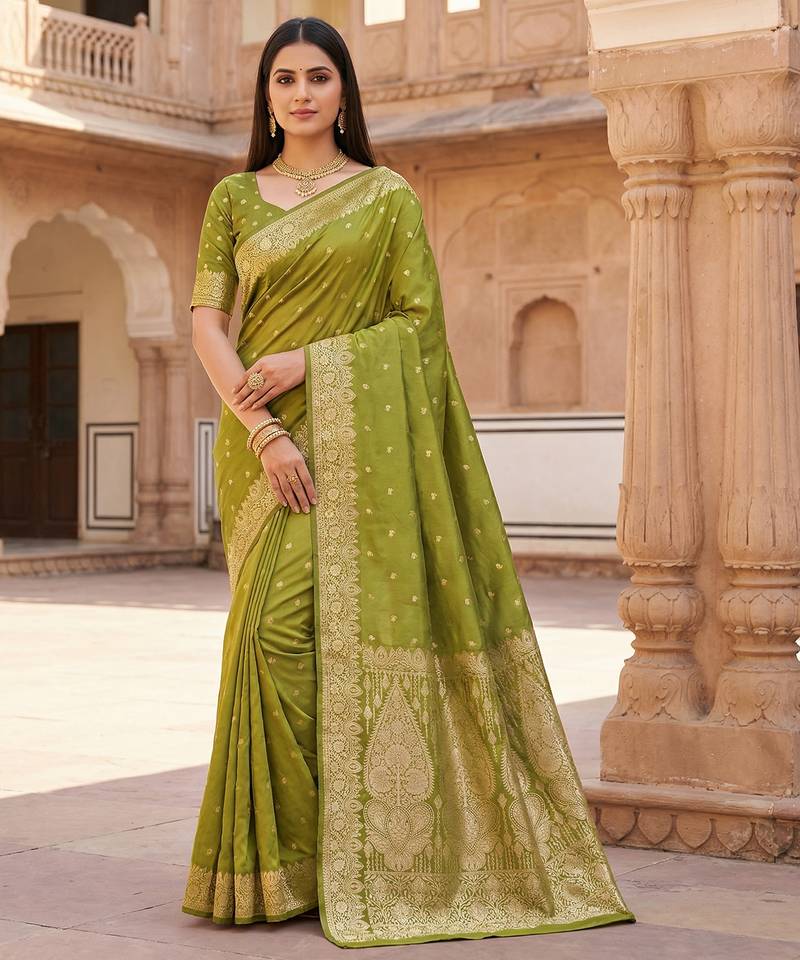 Parrot green soft banarasi silk blend  saree with self weaving design zari weaving pallu and blouse