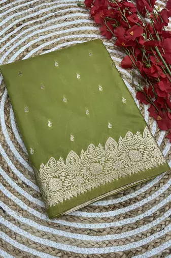 Parrot green soft banarasi silk blend  saree with self weaving design zari weaving pallu and blouse